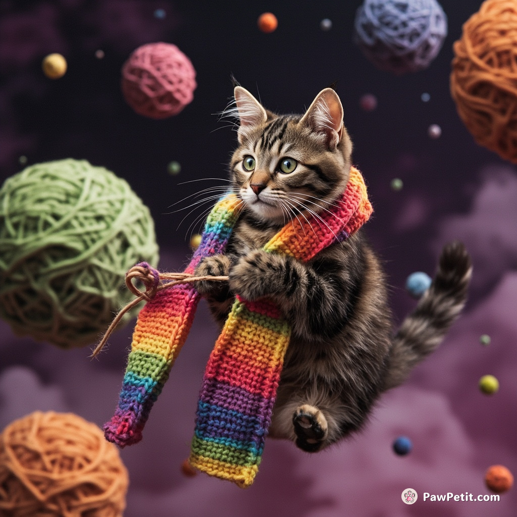 A tabby cat knitting a rainbow-colored scarf while floating in space amidst planets made of yarn.