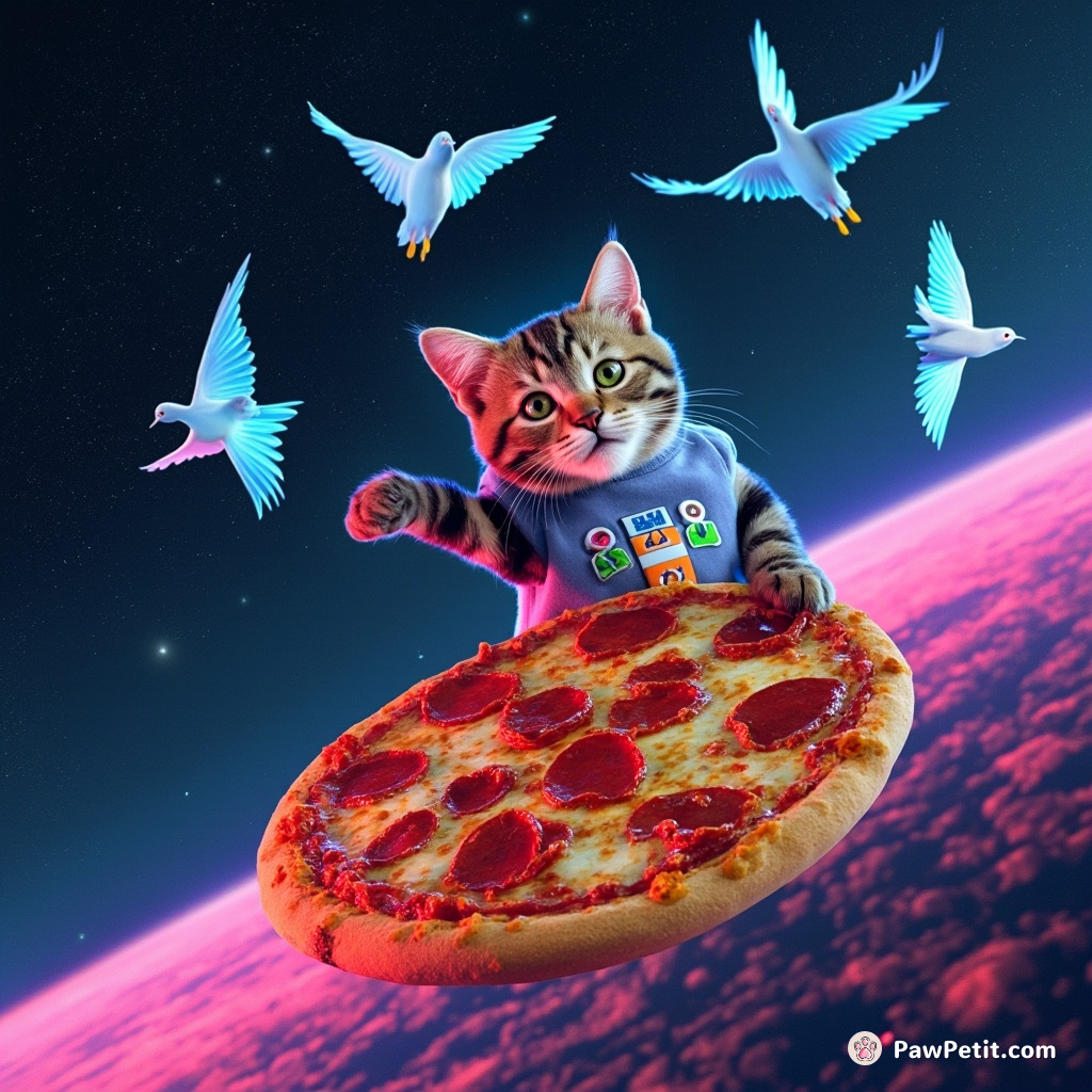 Cat juggling high-velocity bluebirds while floating on a pepperoni pizza in outer space.