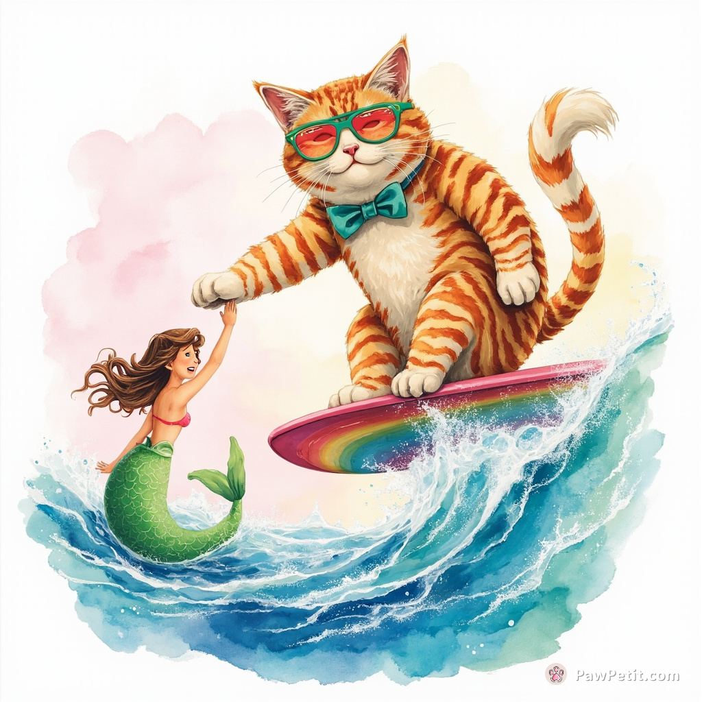 A Giant cat surfing on a rainbow wave, wearing neon sunglasses, and high-fiving a mermaid.