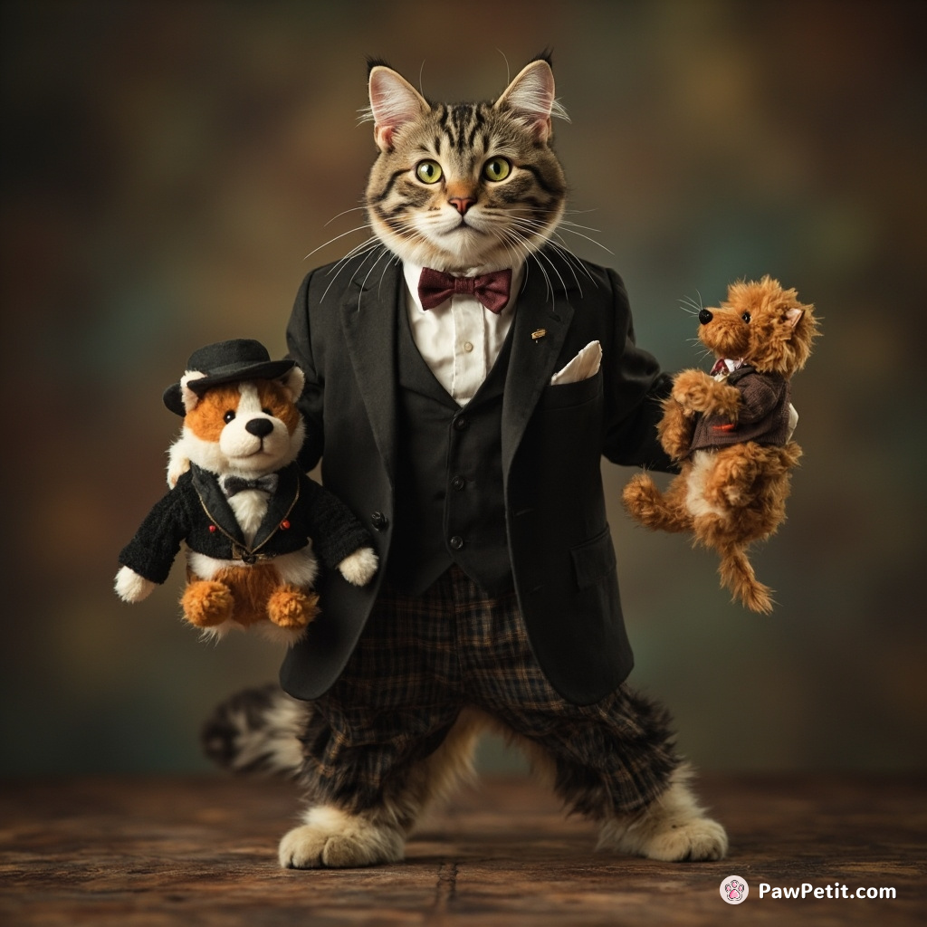 A pompous cat struts bipedally in a tailored suit, animatedly debating geopolitical matters with its plush toys.