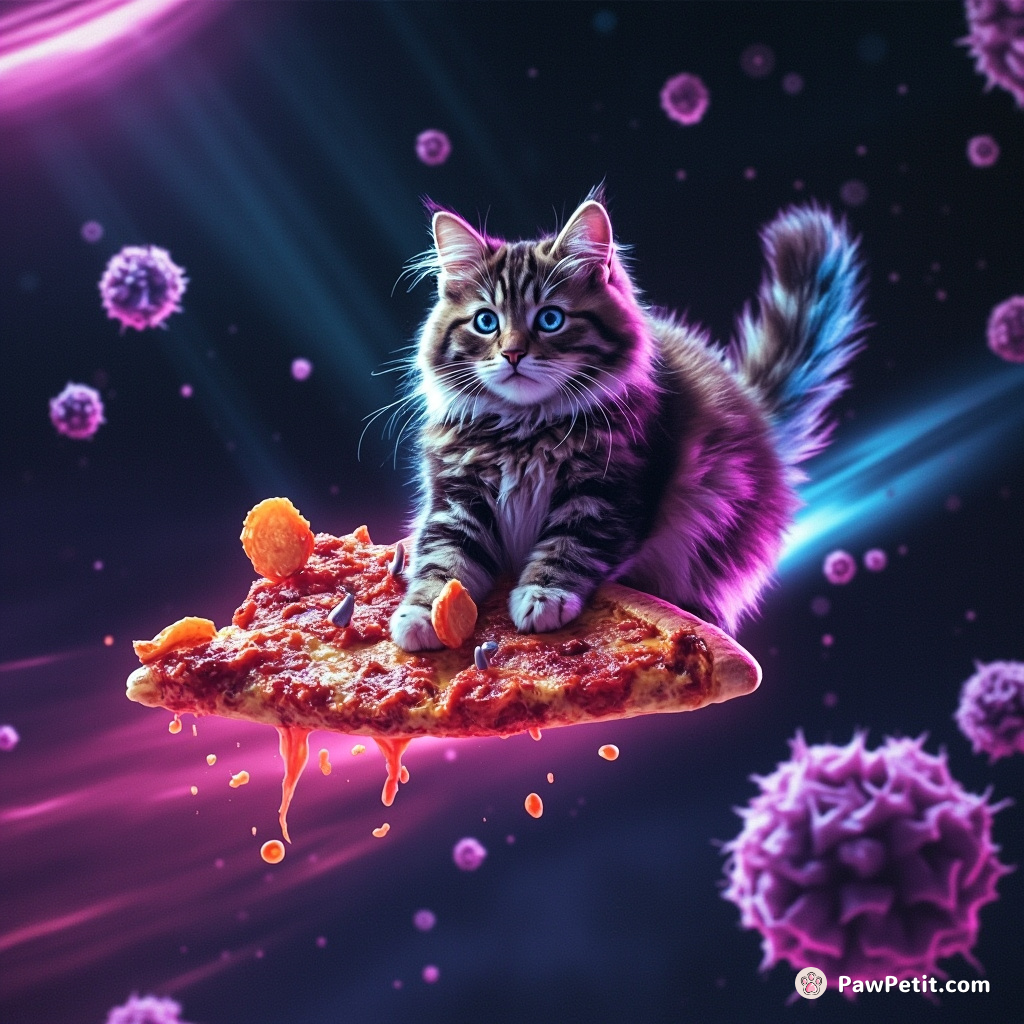 A fluffy tabby cat riding a slice of rainbow pizza in the vacuum of space, tossing glowing anchovies at asteroid monsters.
