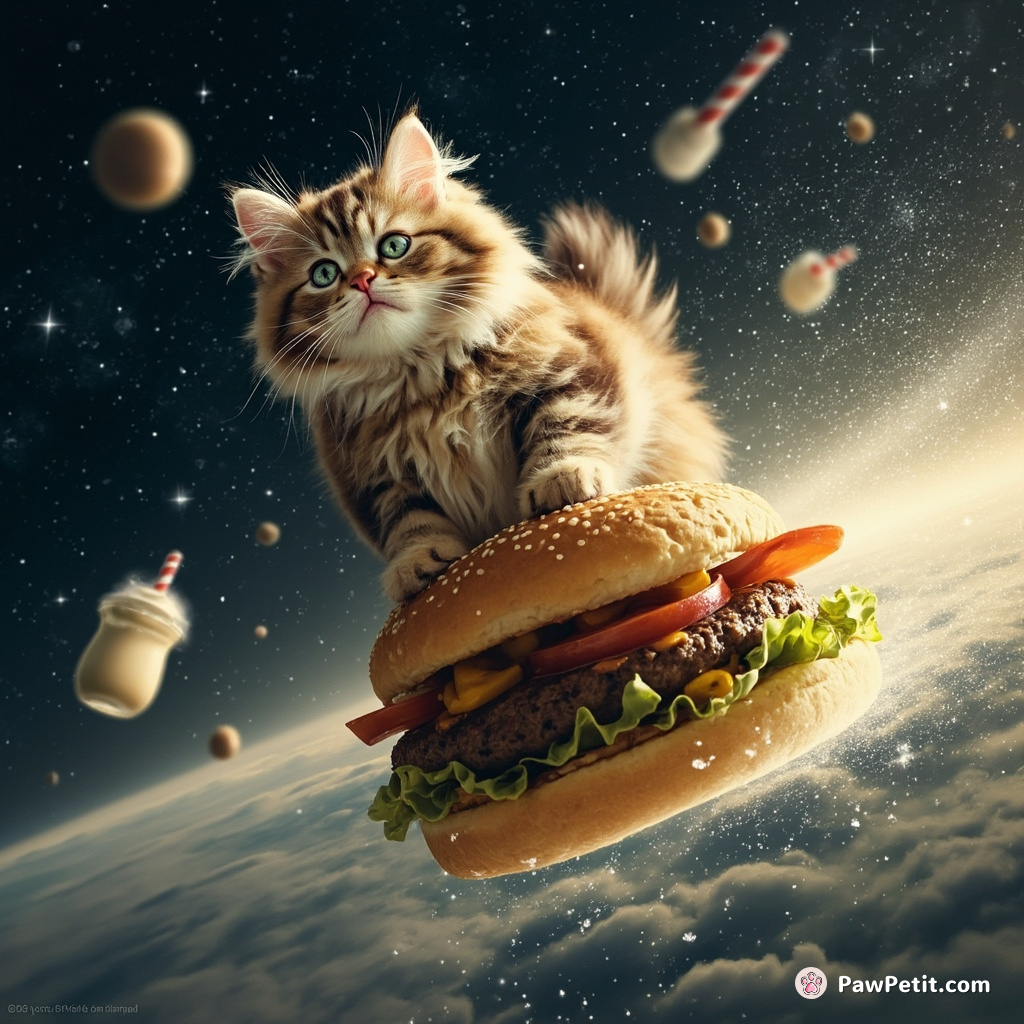 Cat surfing on a cheeseburger in outer space, dodging shooting stars and milkshake rain.