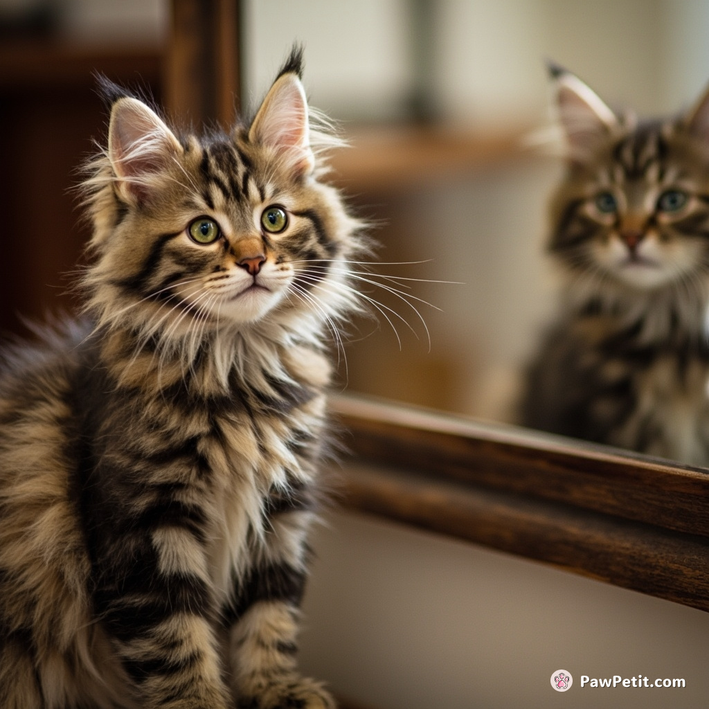 **Major Action:** The cat practices human-like speech in front of a mirror, repeatedly meowing in different tones and inflections.