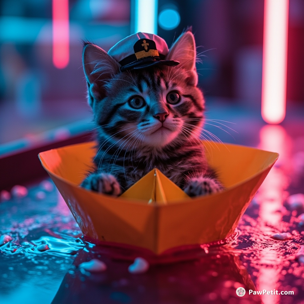 A cat sailing a paper boat in a bowl of orange soup while wearing a tiny captain's hat.