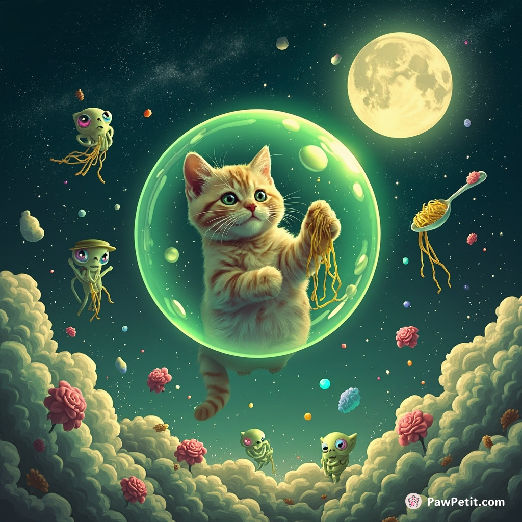 A cat levitating in a green bubble, spoon feeding aliens with neon spaghetti on the moon.