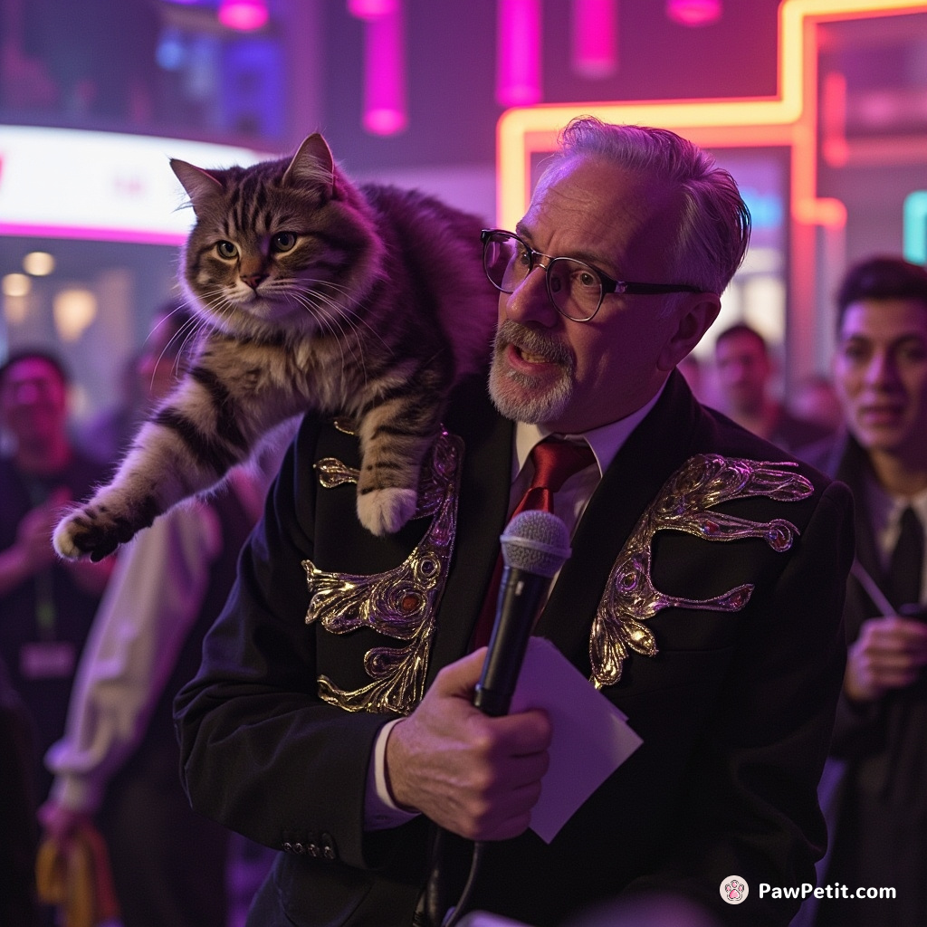 In the overall chaos, the cat leaps frenziedly onto the alderman's fancily-dressed shoulder during his landmark speech.