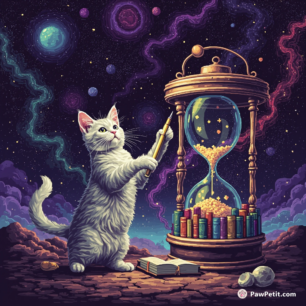 A hyper-intelligent cat levitating a philosophical pen, using its telekinetic powers in an inter-galactic library built inside an hourglass, amongst swirling galaxies.