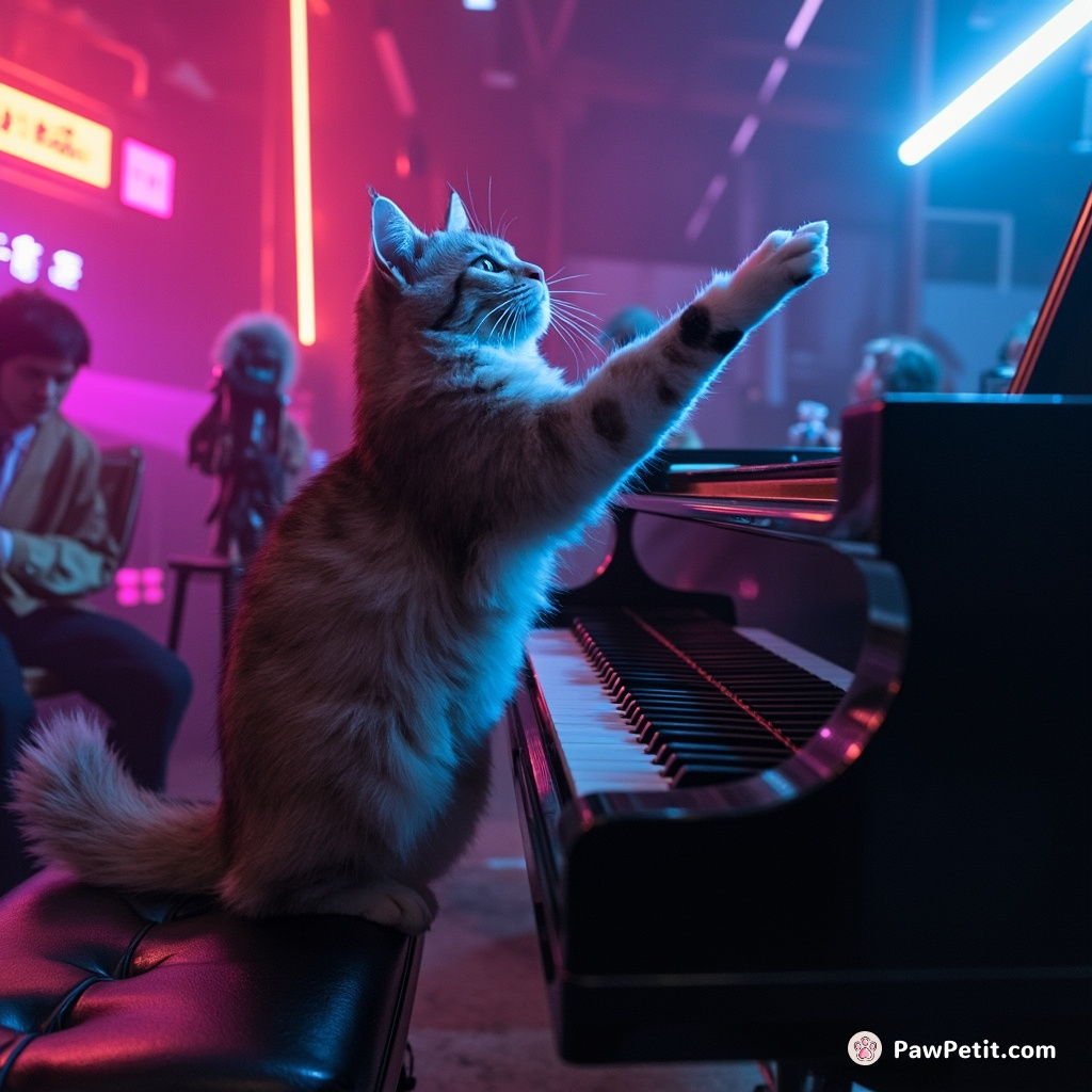 A cat attempts to outdo a pianist by conducting an orchestra with its tail, swaying dramatically.