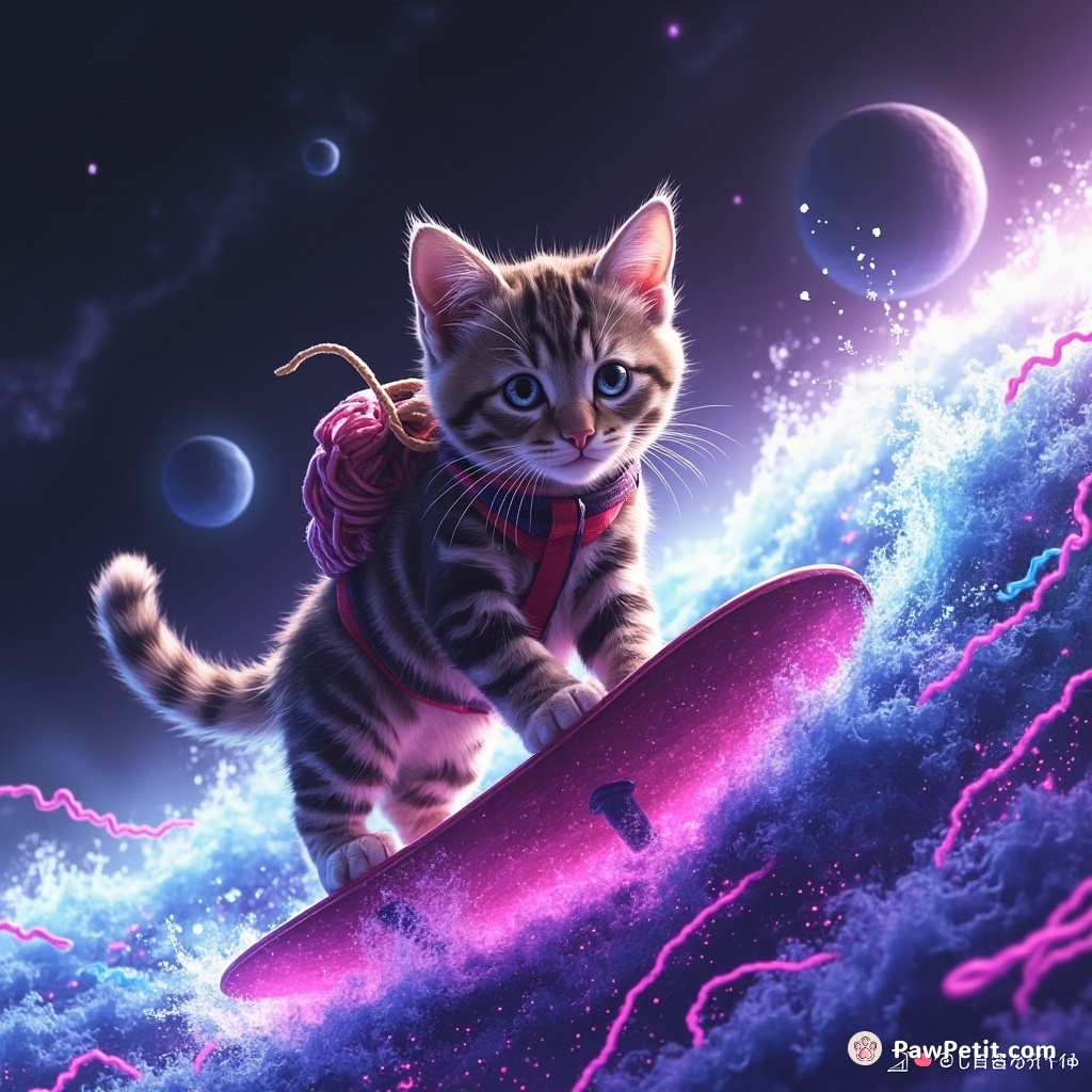 Cat surfing on a funky neon-colored wave of yarn in outer space.