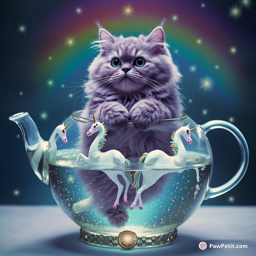 A purple cat, performing a synchronized swimming routine with unicorn-seahorses in a glass teapot under a starry rainbow sky.