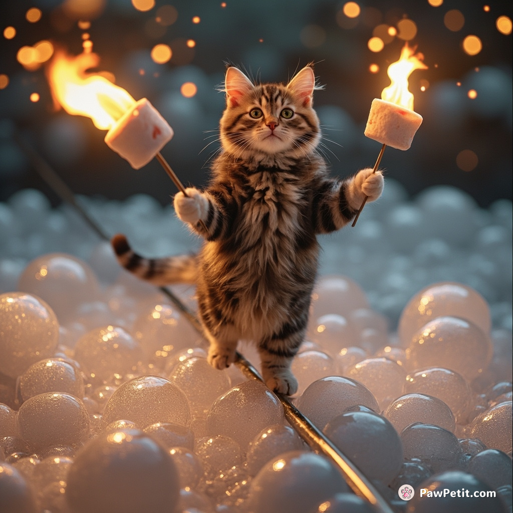 Cat balancing on a glossy tightrope above a sea of bubbles, expertly juggling flaming marshmallows.