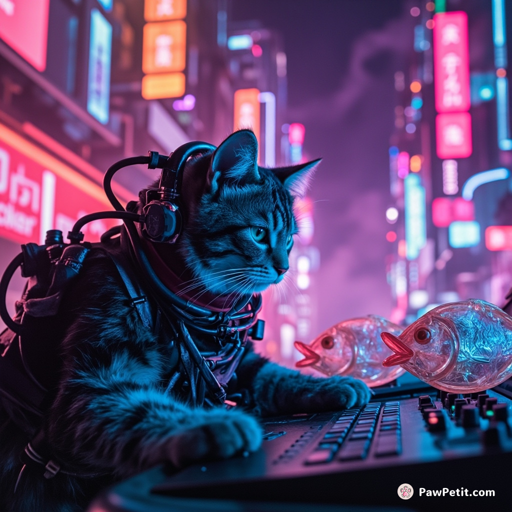 A cybernetic cat hacking into a console of fish shaped quantum computers in a neon-soaked, steamy cityscape.