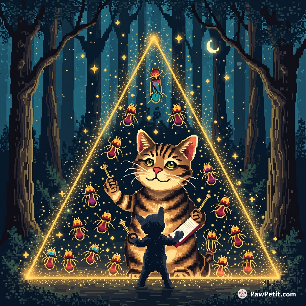 A cat conducting a symphony orchestra of beetles in a sparkling forest triangle.