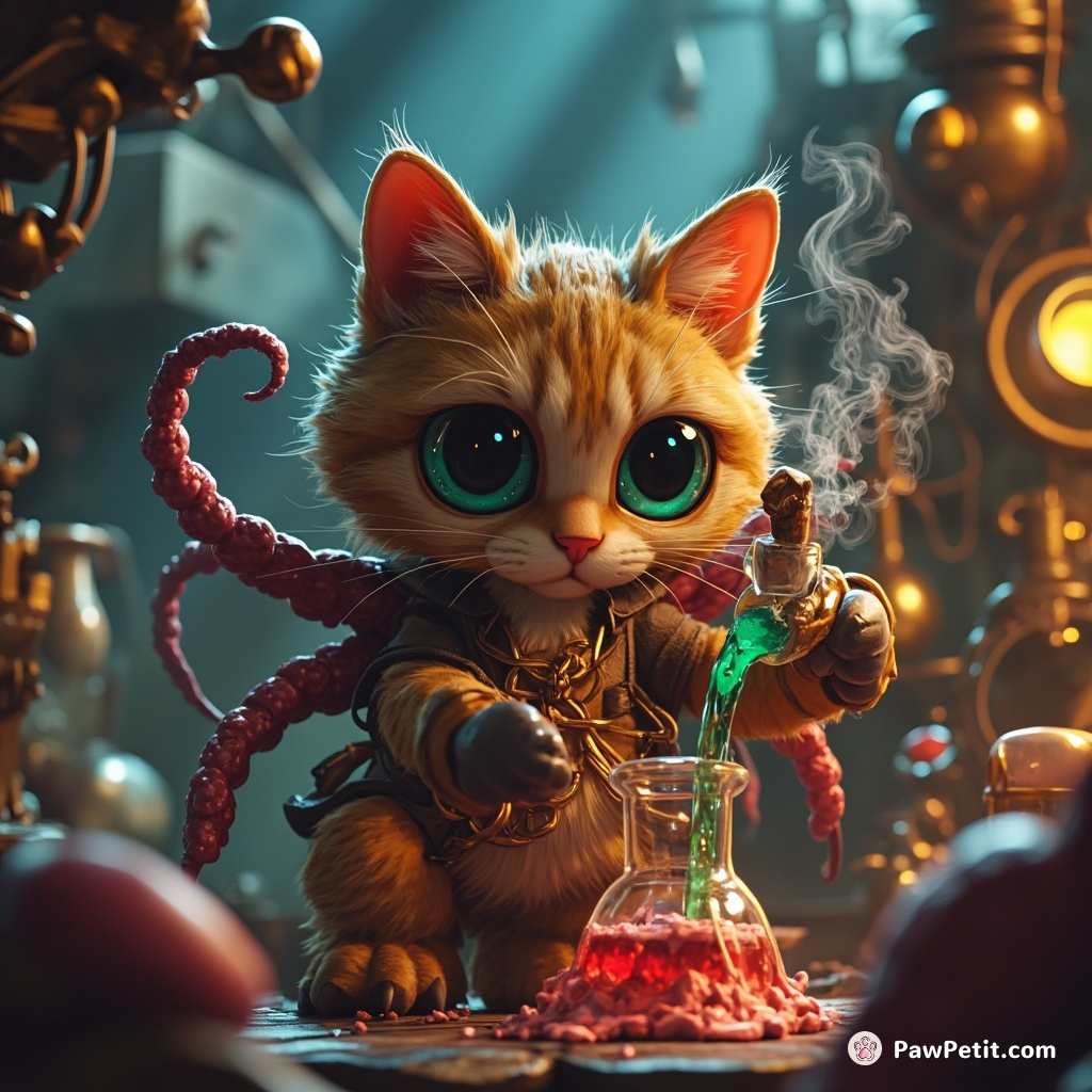 A gritty, steampunk cat brewing a potion in an ancient alchemical lab with octopus appendages for limbs.