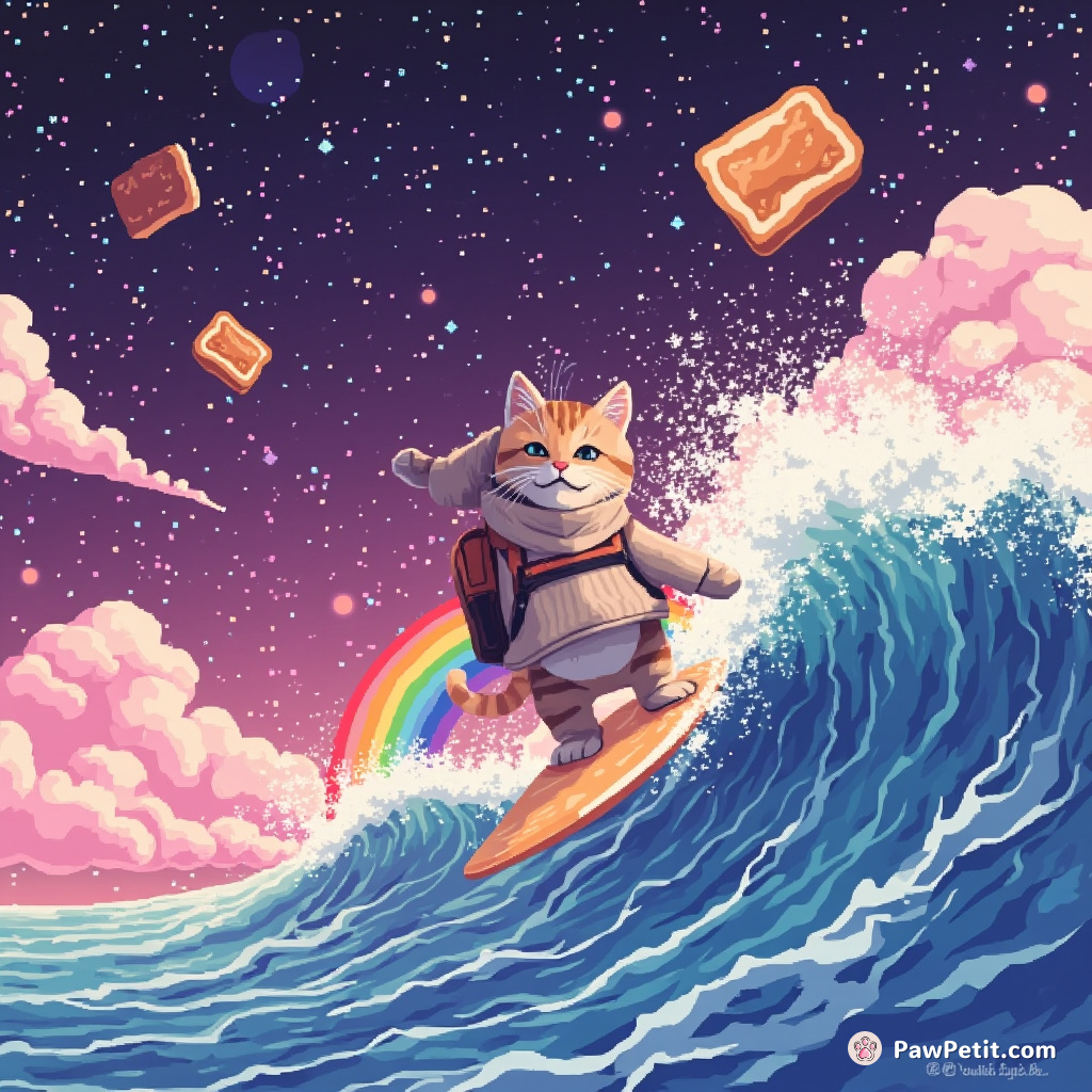 A cat surfing on a rainbow-infused wave, dodging flying toasters in a galaxy filled with cotton candy clouds.