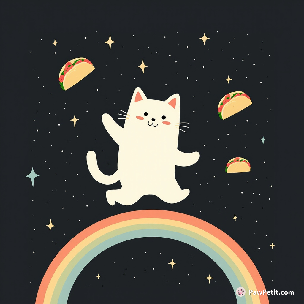 A ghostly cat moonwalking on a rainbow in outer space, dodging flying tacos.