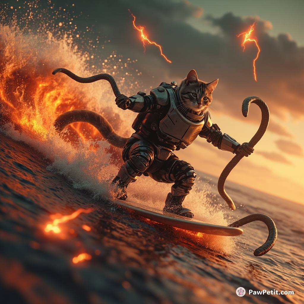 Cyborg cat surfing on a molten lava wave while juggling electric eels.