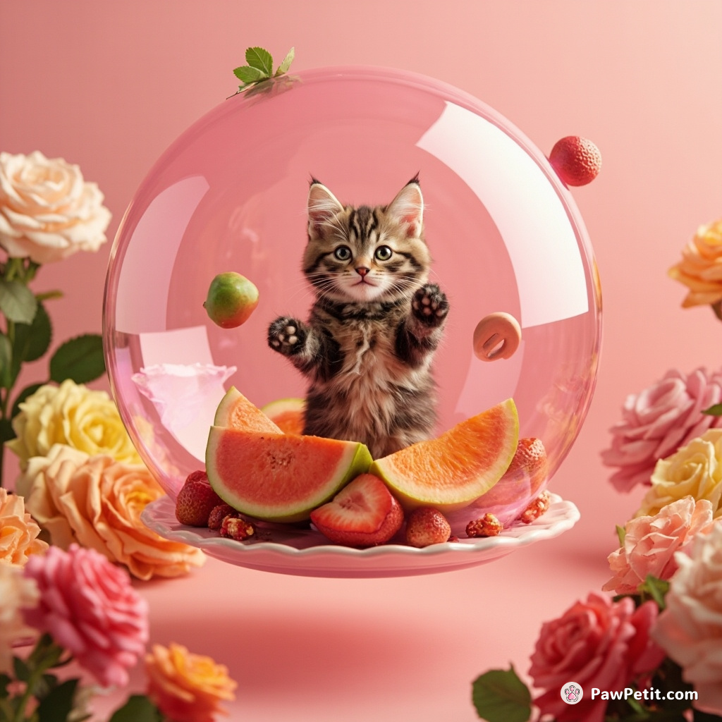 Cat in an ethereal pink bubble, juggling tropical fruits, amidst a symphony of blossoming multi-colored roses on a floating continental plate.