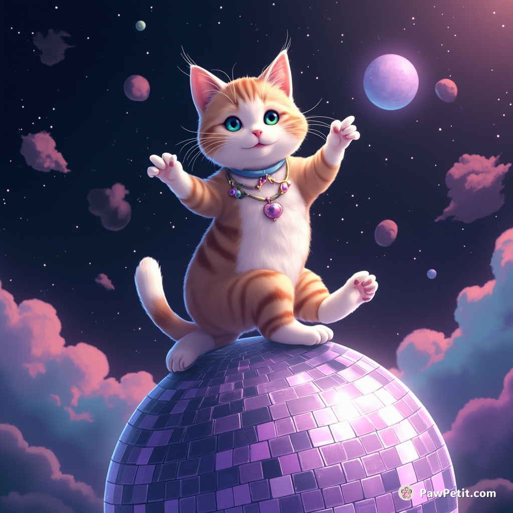 Cat gracefully tap-dancing on a sparkling disco ball, in outer space.