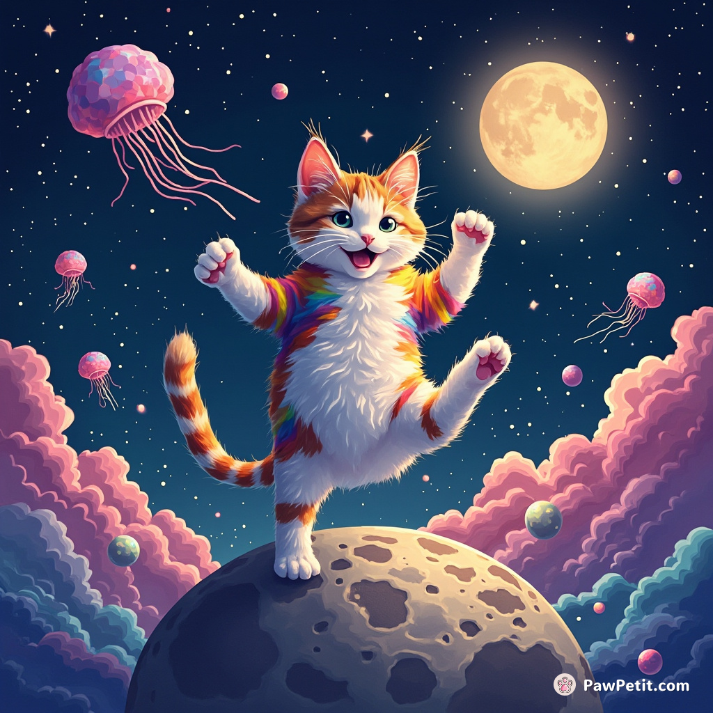 Rainbow cat breakdancing on a pixelated moon while jellyfish balloons float in the cosmic background.