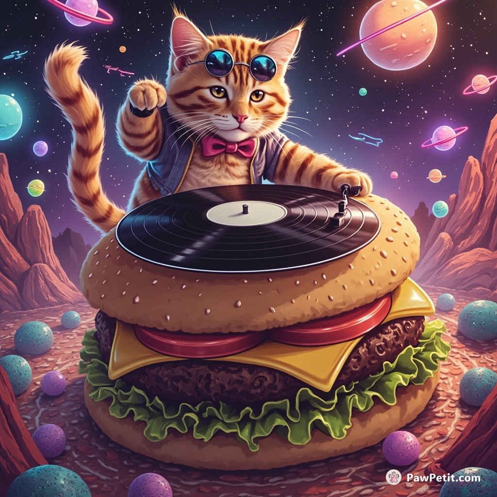 Cat DJ spinning vinyl records on a giant cheeseburger in the middle of an alien disco.