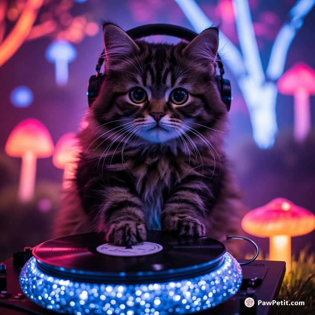 A cat DJ spinning vinyls on a glittering mushroom turntable in a luminescent 80s synthwave forest.
