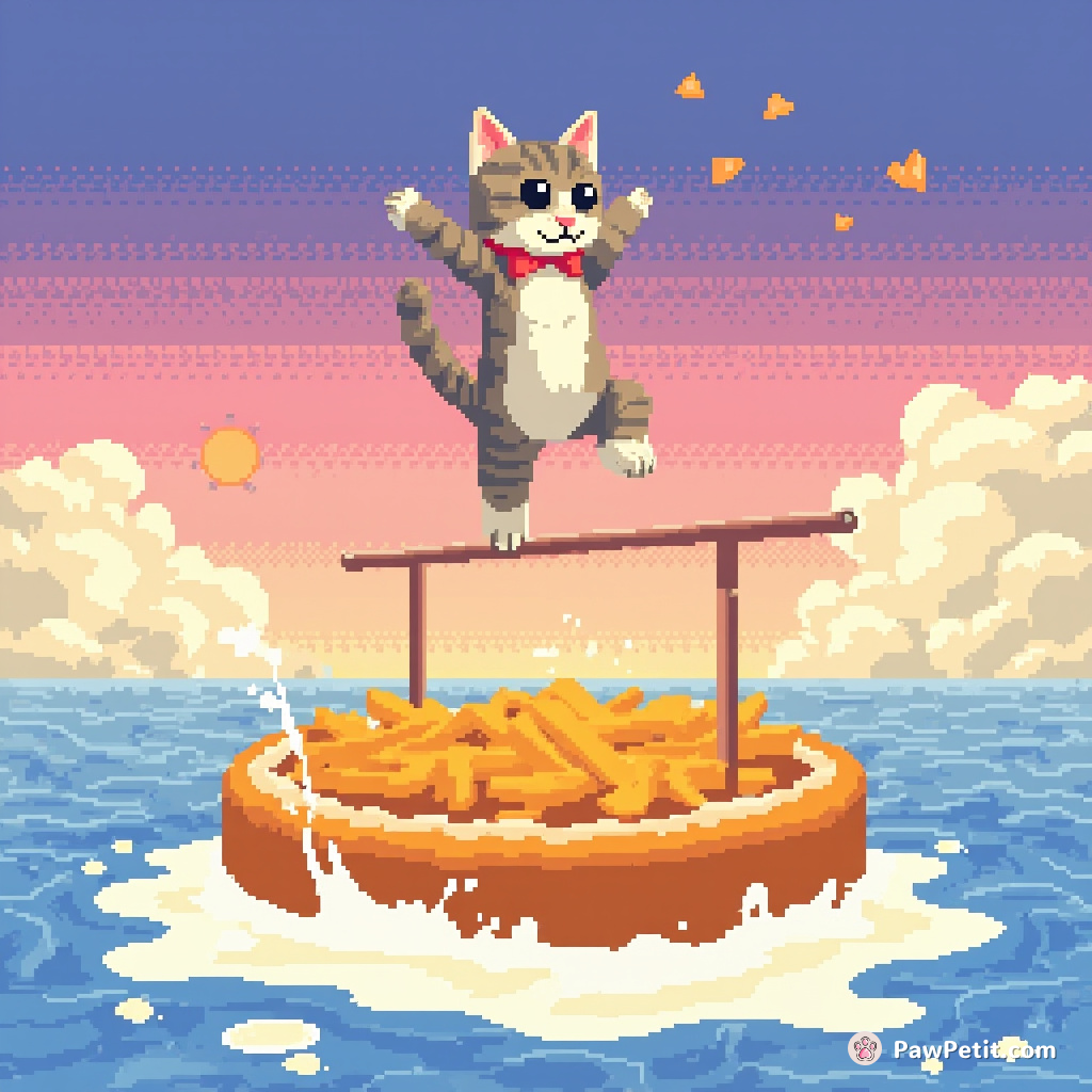 Cat practicing balance beam routine on top of a gigantic french fry over an ocean made of milk.