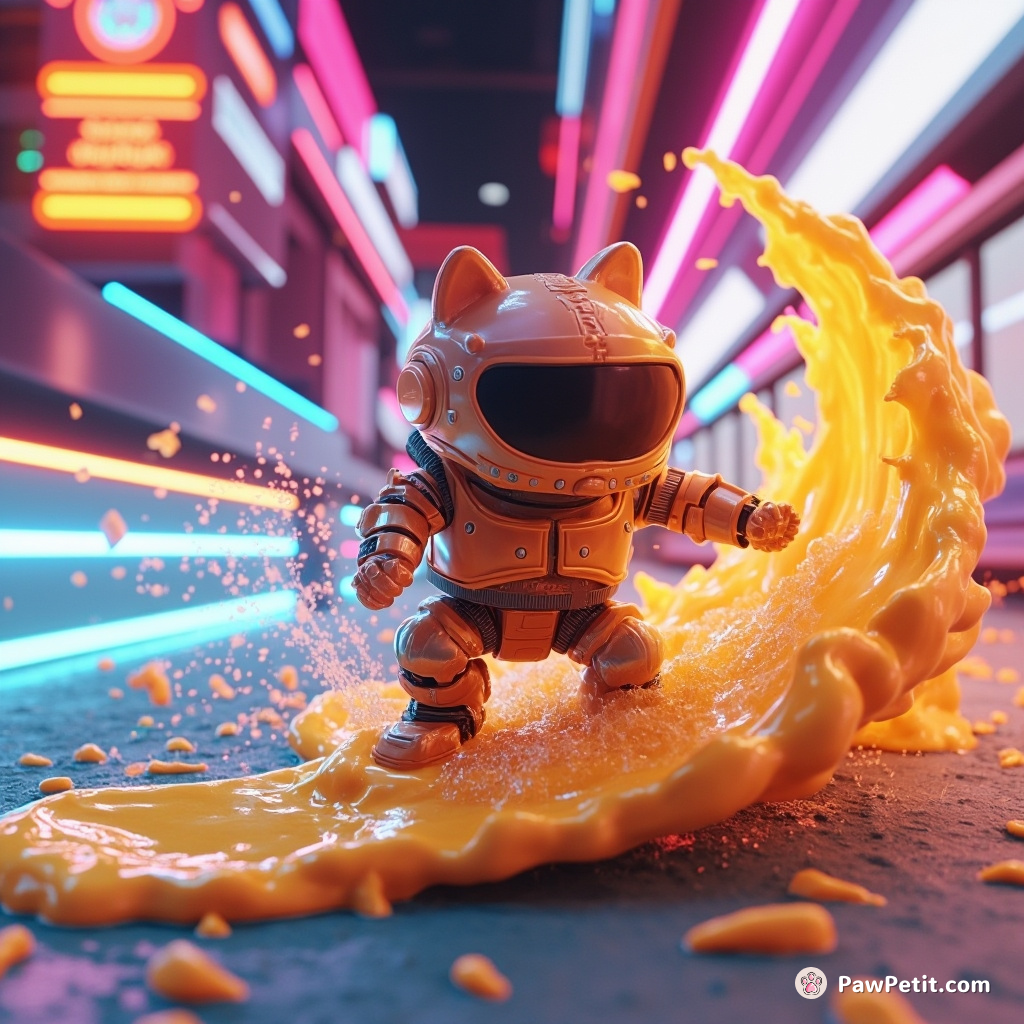 Cyborg cat surfing a cosmic wave made of cheesy liquid nachos in a zero-gravity neon mall.