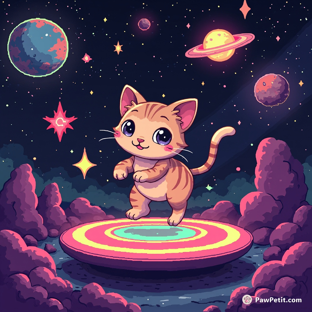 A cat dexterously dances on shifting alien platforms, triggering a galaxy-wide lightshow with a flick of its tail.