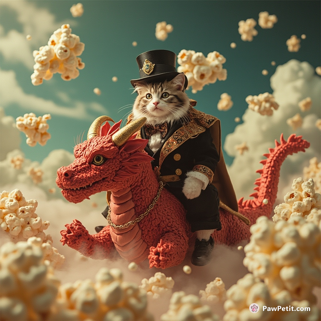 A cat riding a crimson dragon through a popcorn-stormy sky, both wearing fancy masquerade-lavish costumes and top hats.