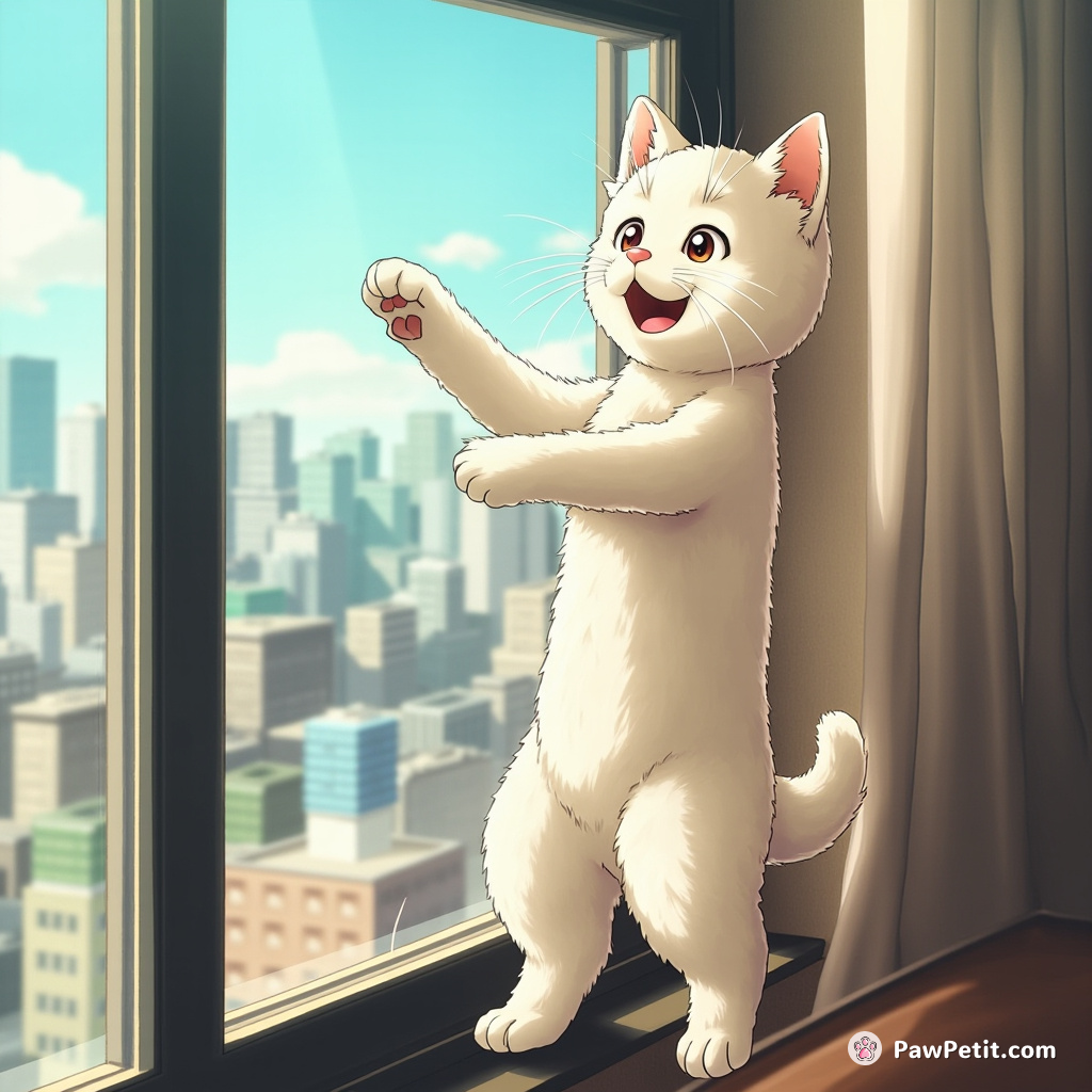 The cat leaps onto the windowsill, paws pressed against the glass, yearning for the bustling world outside with wide, eager eyes.