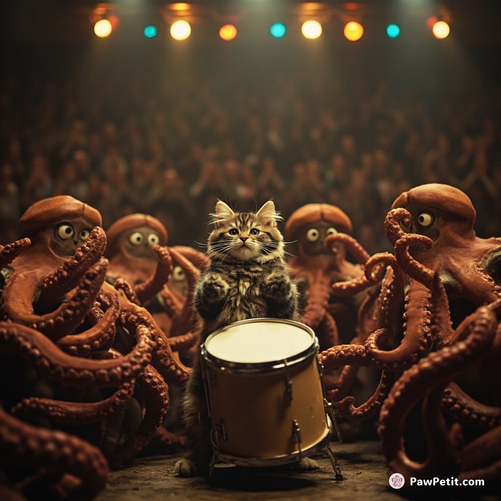 Cat performing a drum solo onstage while audience of smug octopi wildly clap in rhythm.