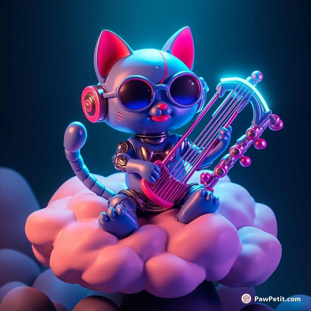 Cybernetic feline playing a glow-in-the-dark harp on a mushroom cloud.