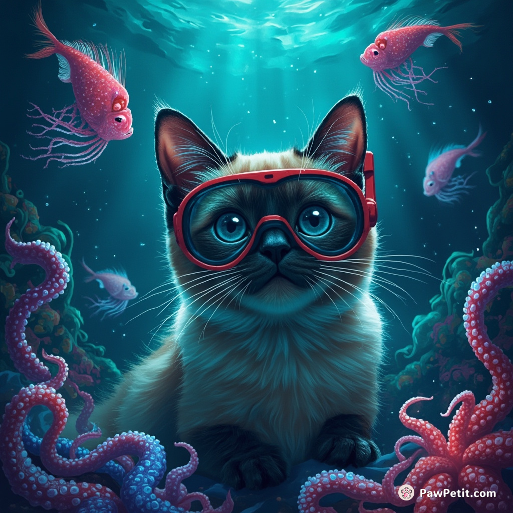 A Siamese cat snorkeling deep underwater to collect fluorescent fish with octopus tentacles.