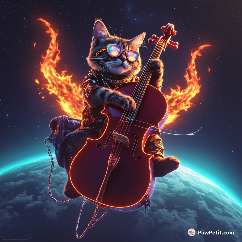 Steampunk cat playing a flaming cello aboard a sky pirate ship while earth glows beneath.