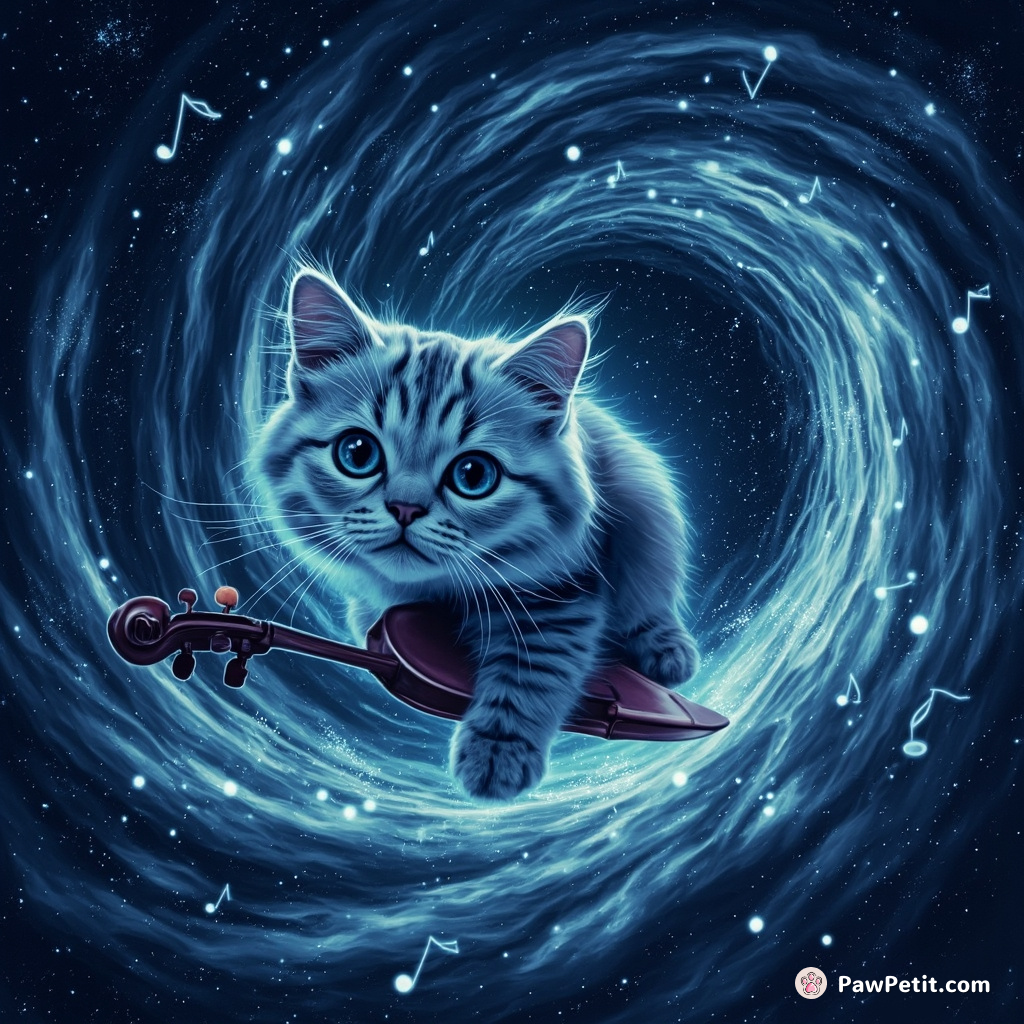 A neon-glowing cat surfing on a violin through a music notation hurricane in deep cosmos.