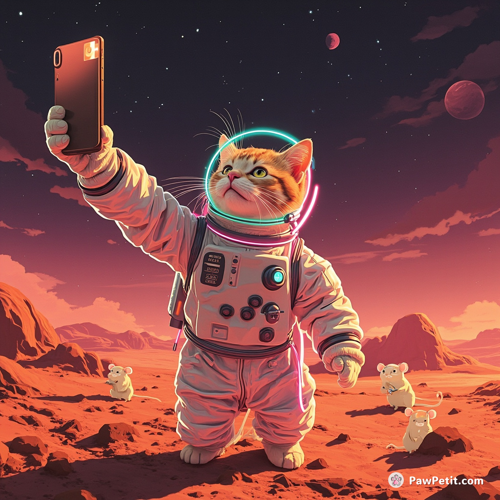 A cat in neon astronaut gear taking a selfie on Mars, with Martian mice photobombing the picture.
