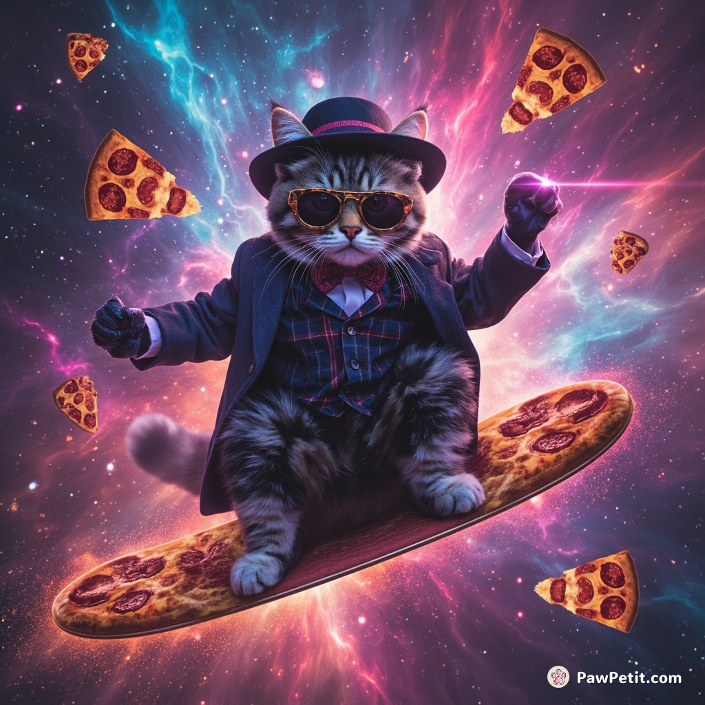 A dapper cat helding a cosmic prism while surfing on flying pizza slices in multicolored nebula.