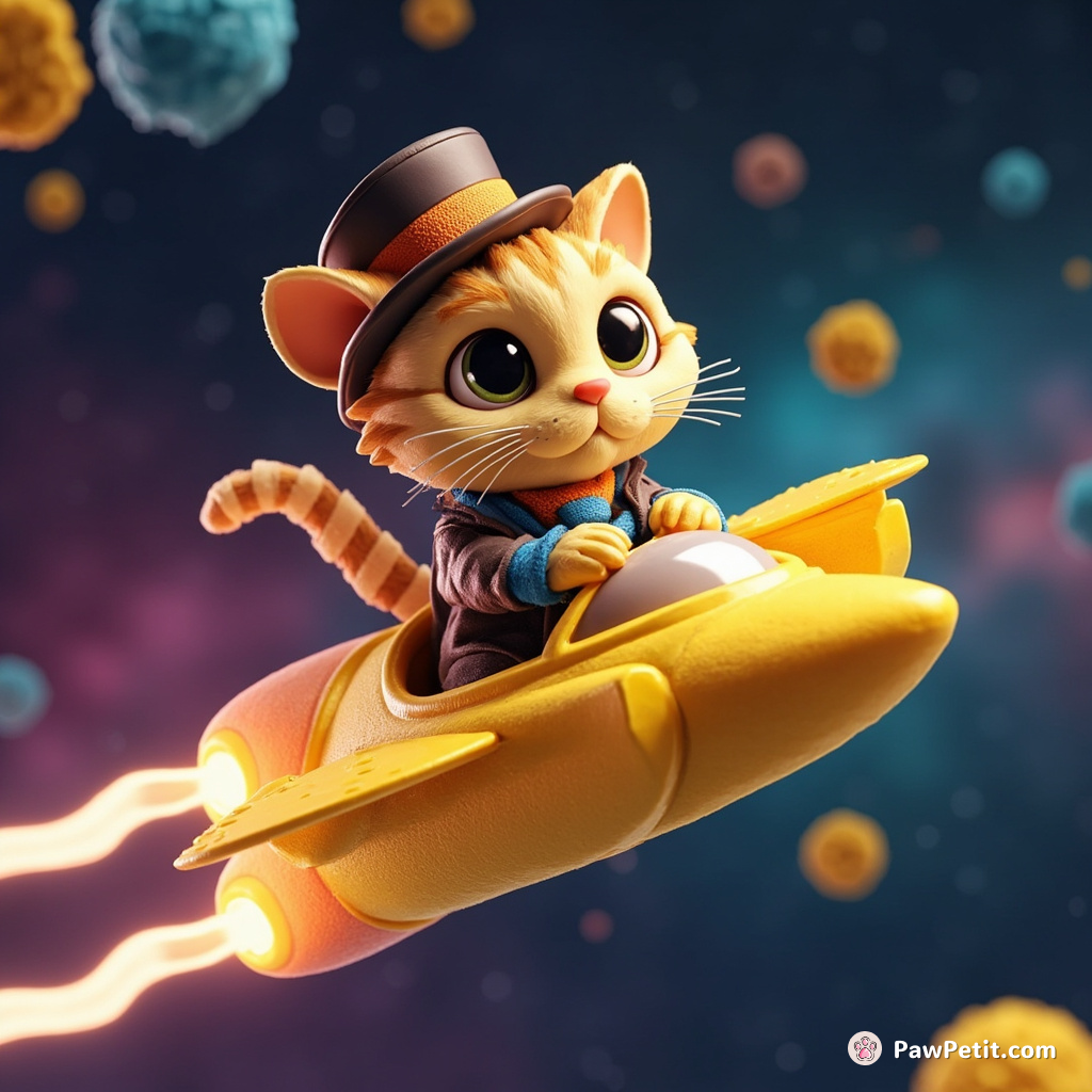 A gentleman cat piloting a cheese wheel spaceship with banana flavored thrusters, exploring a galaxy made entirely of yarn.