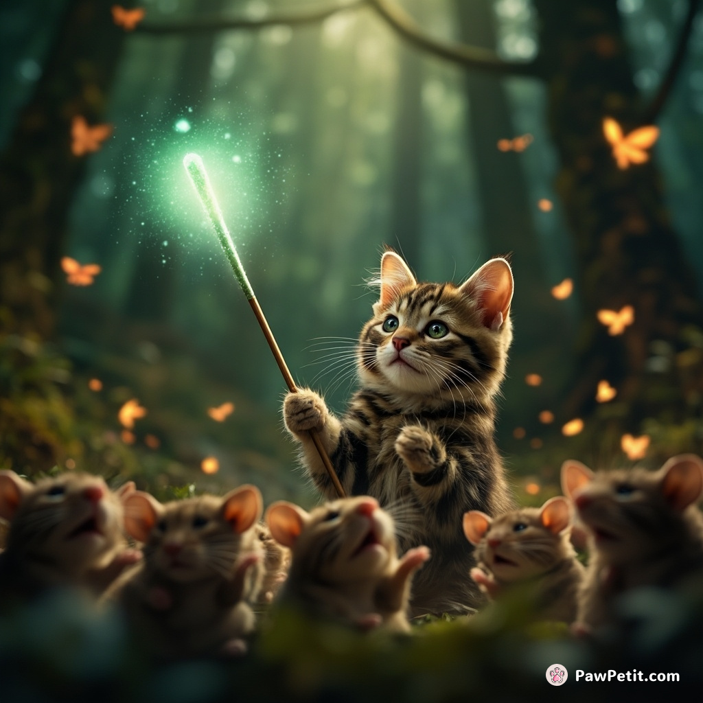 A cat conducting a symphony of singing mice with a glow-in-the-dark baton in a fairy-tale forest.