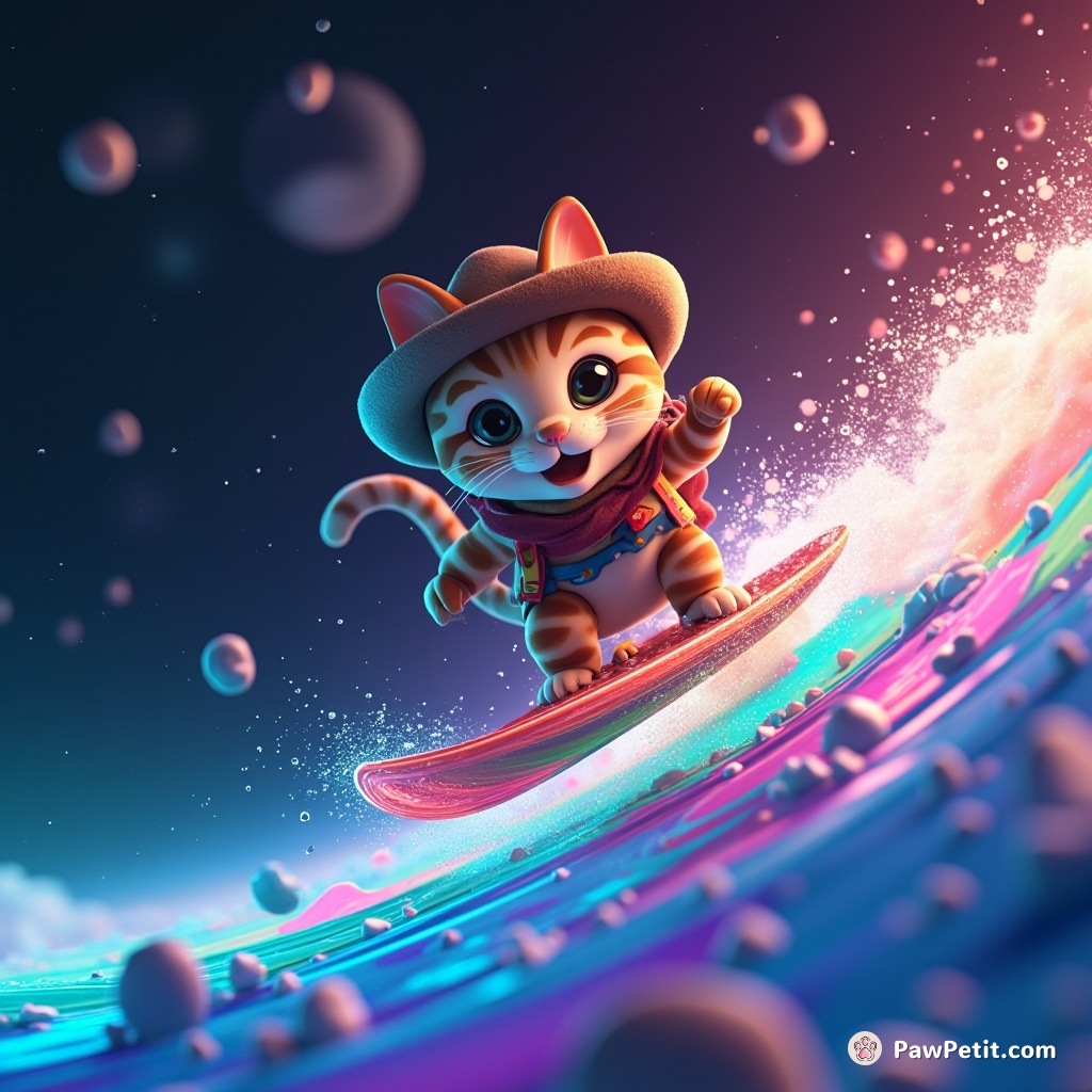 A cat surfing a rainbow wave on a translucent bacon board in deep space.