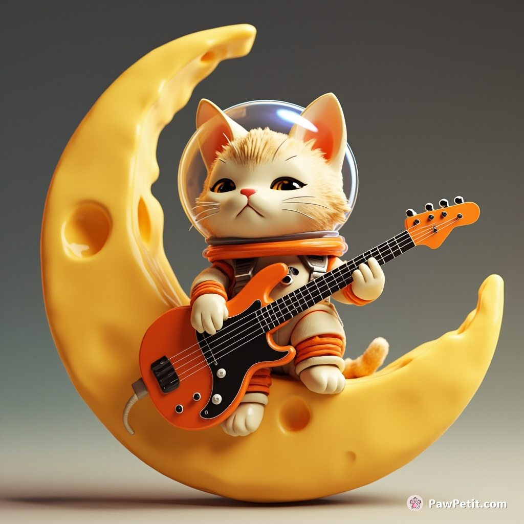 Cat wearing a spacesuit, playing electric guitar on a crescent moon cheese slice.