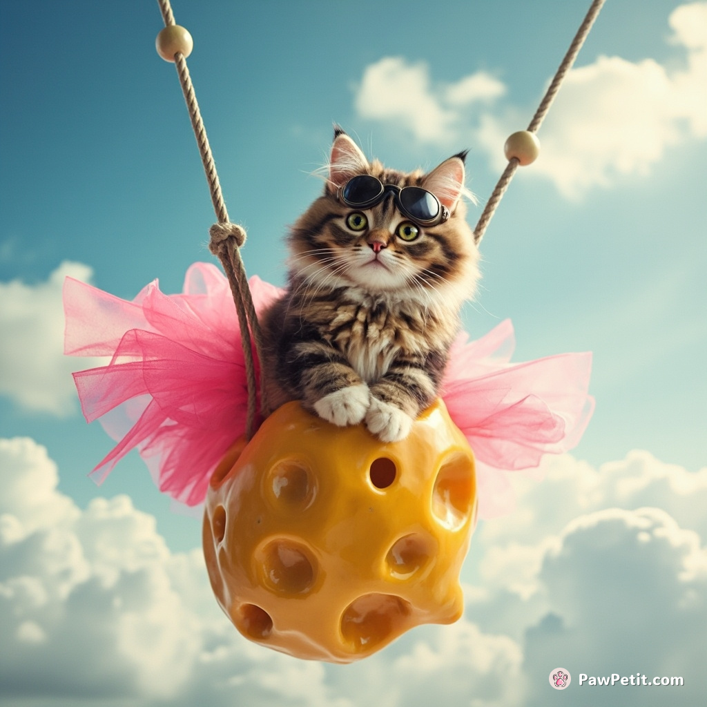 A cat bungee jumping off a cheese wheel flying through the sky with aviator goggles and a neon pink tu-tu.