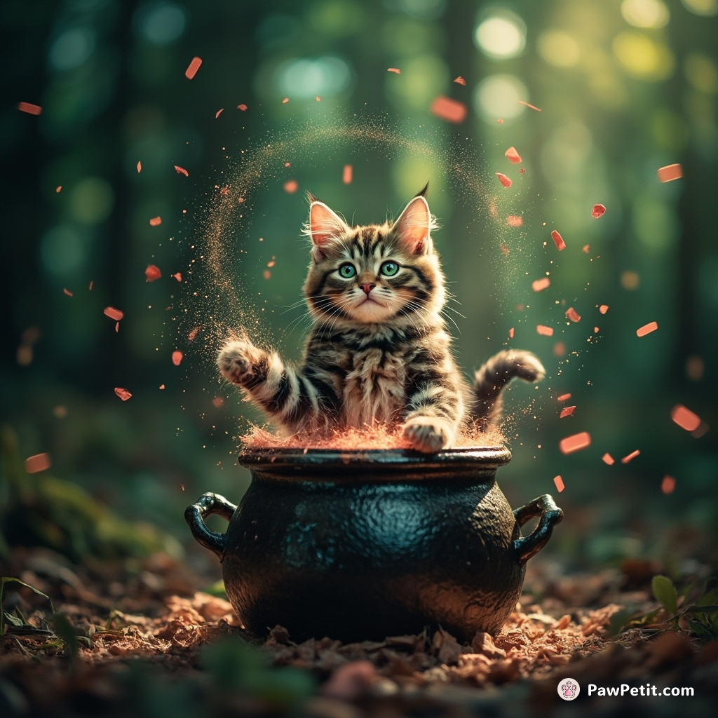 Cat juggling pixie dust inside a bubbling potion cauldron, in a forest glade made of licorice.