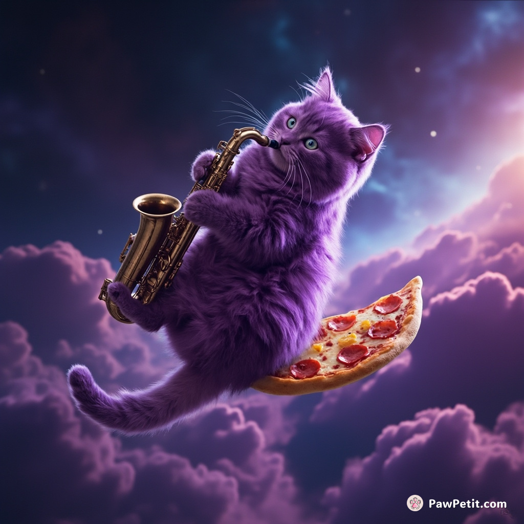 A purple cat playing a saxophone on a flying piece of pizza in outer space amidst nebula clouds.
