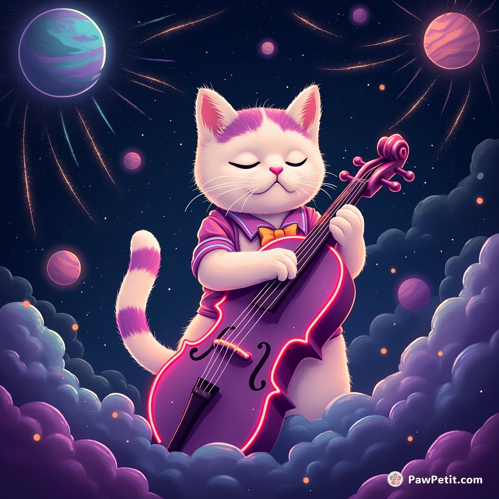 A three-tailed cat playing a neon cello amidst galactic asteroids, while meteor showers dance in rhythm.