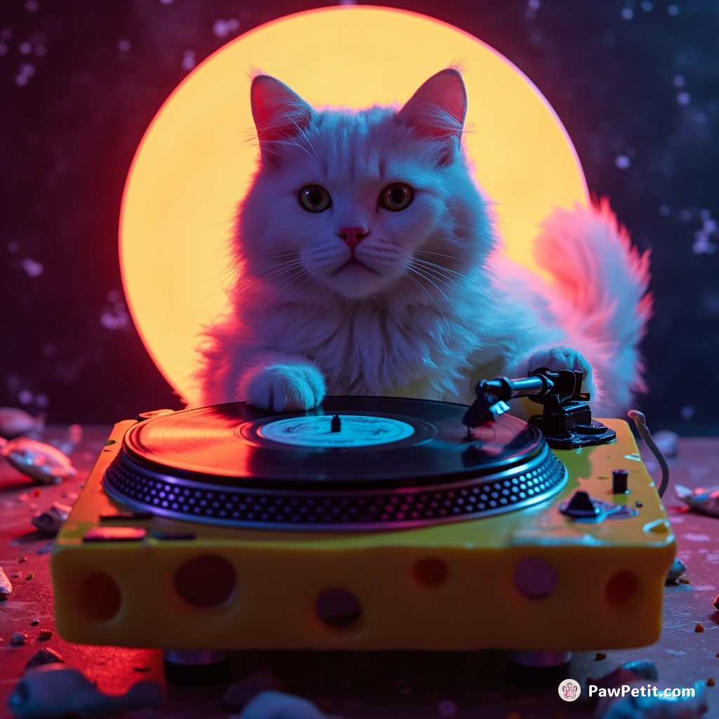 A neon cat DJ spinning vinyl records made of fish on a turntable atop a cheese moon.