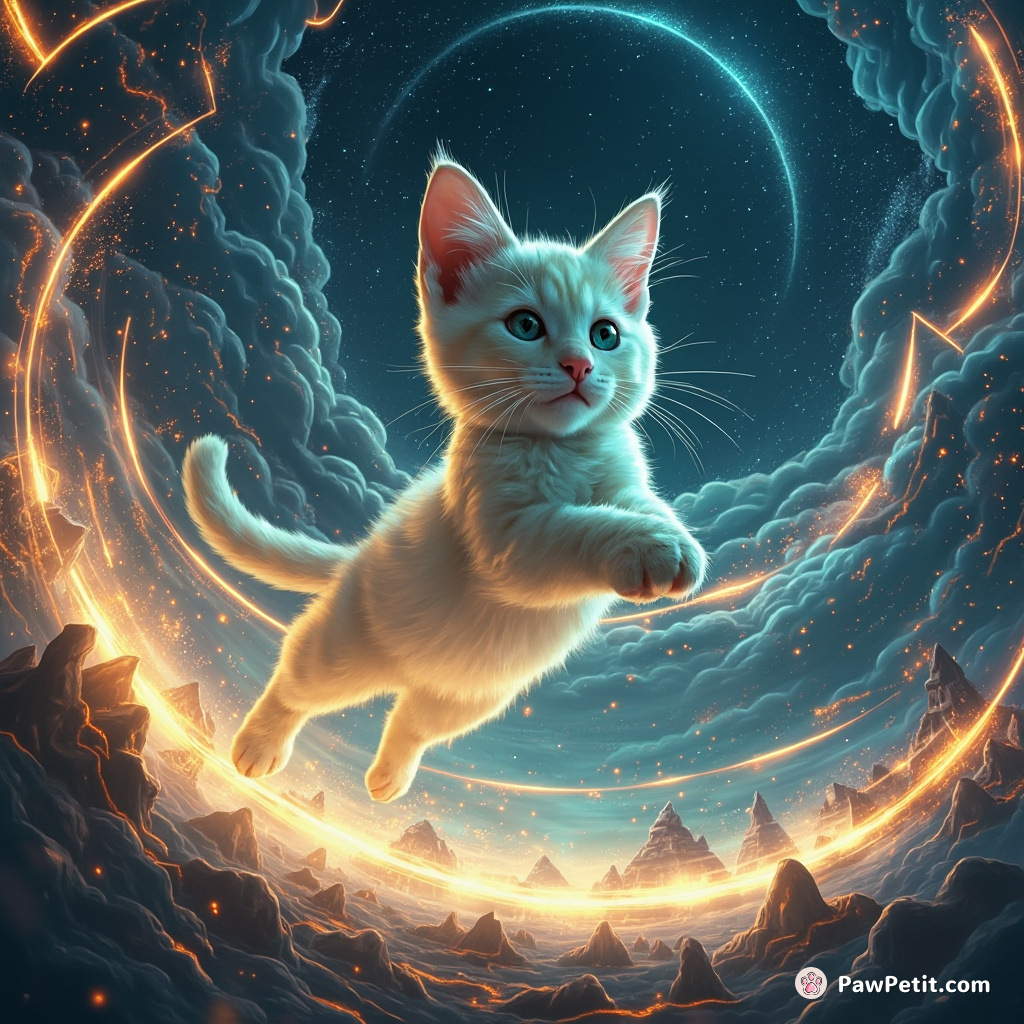 In a digital realm, a feline leaps through glowing data streams, reshaping virtual landscapes with every graceful bound.