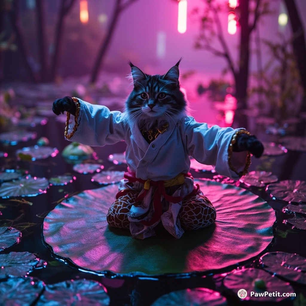 A cat practicing Tai Chi on a floating lily pad in a neon-lit swamp with bell-bottoms and disco hair.