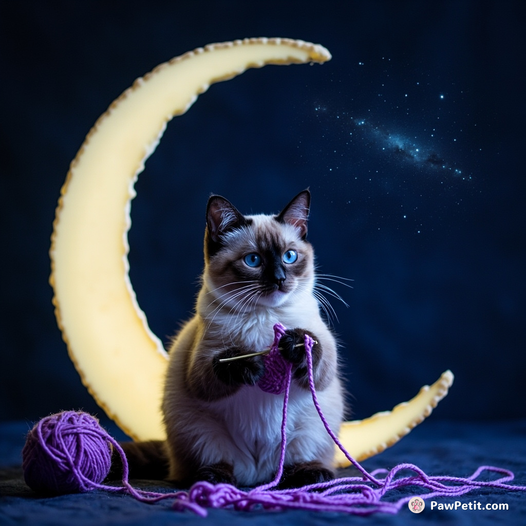 A siamese cat calmly knitting the Milky Way with neon purple yarn on a luminous moon cheese cracker.